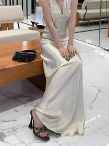 2025新款女士高跟穆勒拖鞋，缎面面料，水钻装饰，绑带凉鞋，性感露背设计，春夏穿搭 - 棕色 - 查看 6