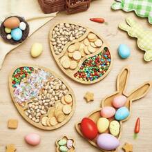Un plateau à nourriture en forme d'œuf de lapin de Pâques en bois, plateau de partage de collation pour fête d'anniversaire, plateau décoratif en bois pour artisanat de Pâques et de Noël, plateau de grille pour fruits, bonbons et desserts, fournitures de décoration de Pâques, base de plateau délicat en forme d'œuf de lapin, plateau de fête maison pour biscuits et chocolats, décoration de cuisine en bambou créative et amusante, plateau de table à vin de fête