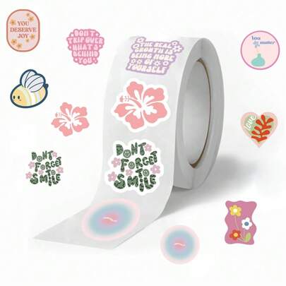 500 张/卷花卉、树叶和励志英文单词装饰贴纸，适用于日记本、剪贴簿、信封封口、学校用品、返校