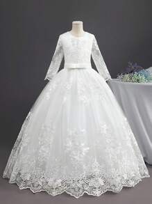 Flower Girl Long Sleeve Mesh Embroidered Floral Gown Elegant Princess Tulle Ball Gown  Wedding Party Dress Prom Gown Dress - 白色 - 查看 2