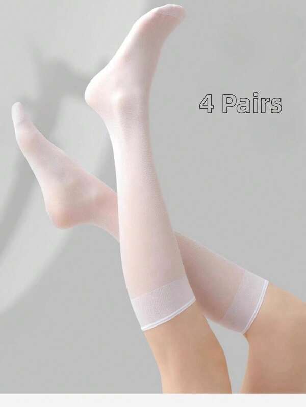 4 Pairs Women's White Semi-Sheer Mid-Calf Socks, Fashionable And Versatile For Everyday Wear