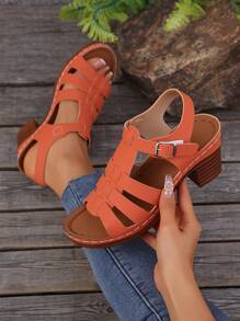 Comercio transfronterizo Tallas grandes 36-43 Sandalias de tacón alto grueso de moda color negro, sandalias blancas de uso diario con puntera abierta, sandalias para mujer de suela gruesa naranja, nuevos llegados de verano