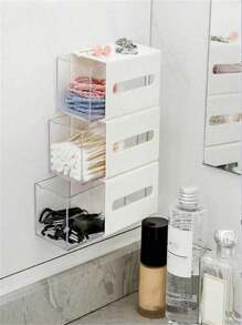 1pc White Wall Mounted Swab Storage Box & Transparent Clear Drawer Organizer For Bathroom Hair Accessories And Jewelries Home Bathroom Decor Summer Makeup Organizer