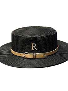 1pc Women's Leather Buckle Strap Letter Decor Straw Hat, Fashionable, Generous, Sweet & Cute, Suitable For Beach, Vacation And Daily Matching, UV Protection - Straw Hat - View 2