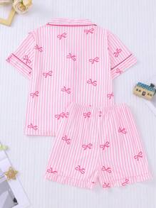 2-delige set jonge meisjes korte mouw top & shorts pyjama voor de zomer, lichtgewicht stijl met streep & strik print patroon, casual nachtkleding huiskleding