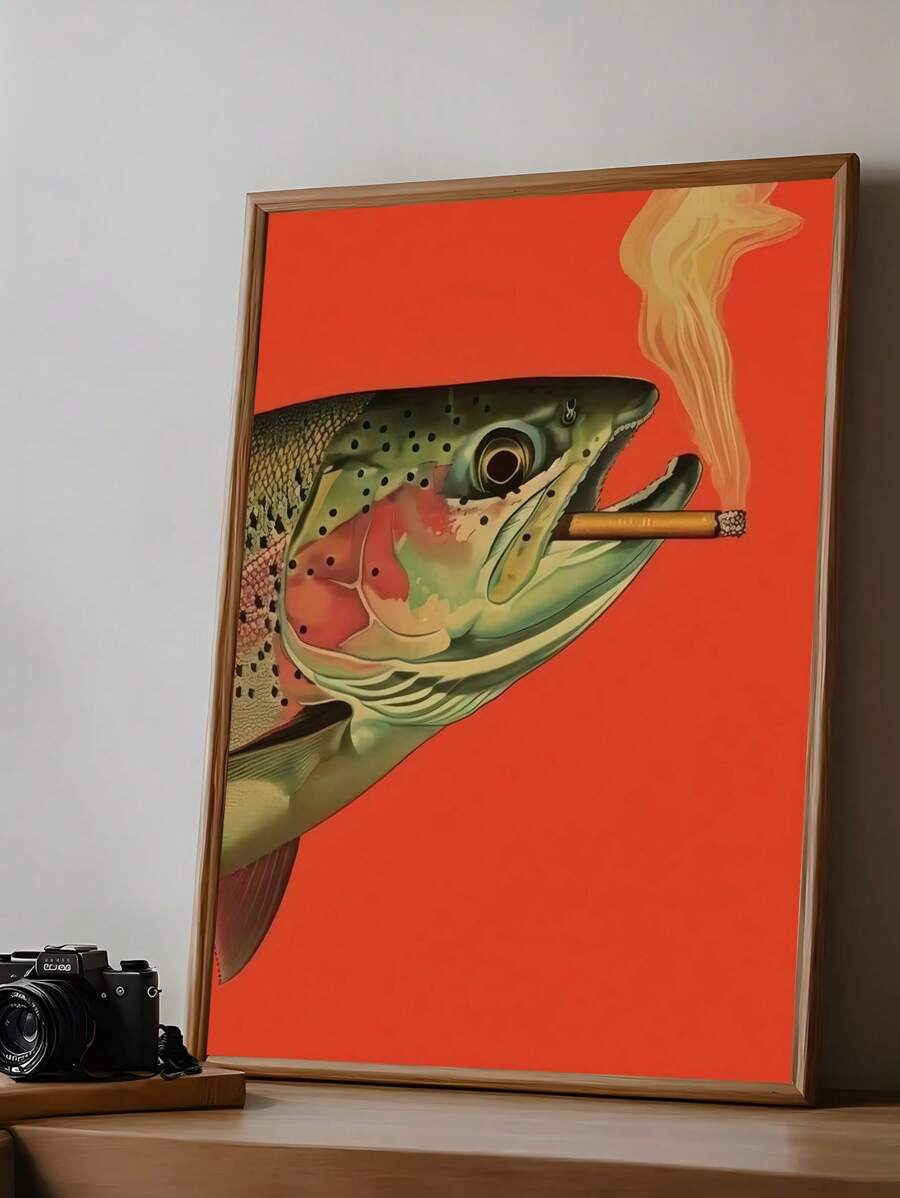 1pc Vintage Trout Fishing Poster - Whimsical Retro Fish Art With Cigarette, Unframed Canvas Wall Decor For Cabin Or Home, Perfect Father's Gift, Warm Orange-Red Hue, Red Koi Fish Canvas Wall Art Poster, Japanese Aesthetic Wall Print Gifts Birthday Graduation
