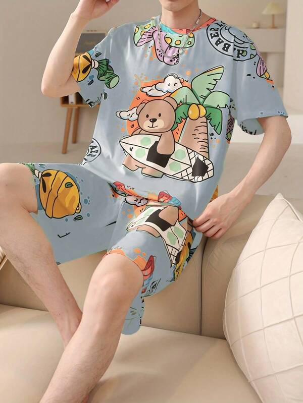 2 PCS Men Casual Summer Lightweight Short Sleeve Sleepwear Set, Comfortable Nightwear Suit