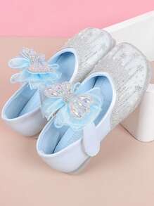 1双女童真皮鞋，镶有水钻、亮片、蝴蝶结，蓝色公主鞋，水晶鞋，2026新款儿童软底婴儿小皮鞋，大童女童鞋，适合春秋季穿着 - 藍色 - 查看 5