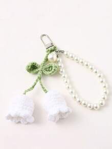 1 件创意手工钩针花朵设计背包/书包饰品、珍珠手链钥匙扣、女士小礼物