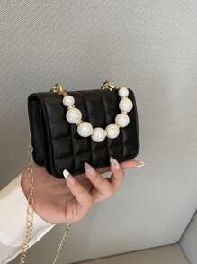 可爱时尚珍珠纹理手提包零钱包斜挎包外出手提包小方包 - 黑色 - 查看 3
