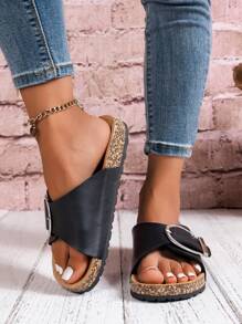 Women's Thick-Soled Waterproof Non-Slip Comfort Function Orthopedic Flat Slide Sandals With Metal Round Buckle