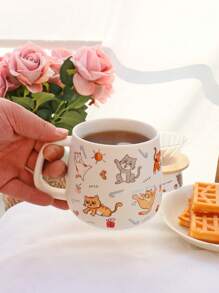 1 pieza Taza cerámica con forma de gato linda y práctica para el hogar y la oficina, patrón aleatorio, para café o leche, de vuelta a la escuela - Blanco - Ver 5