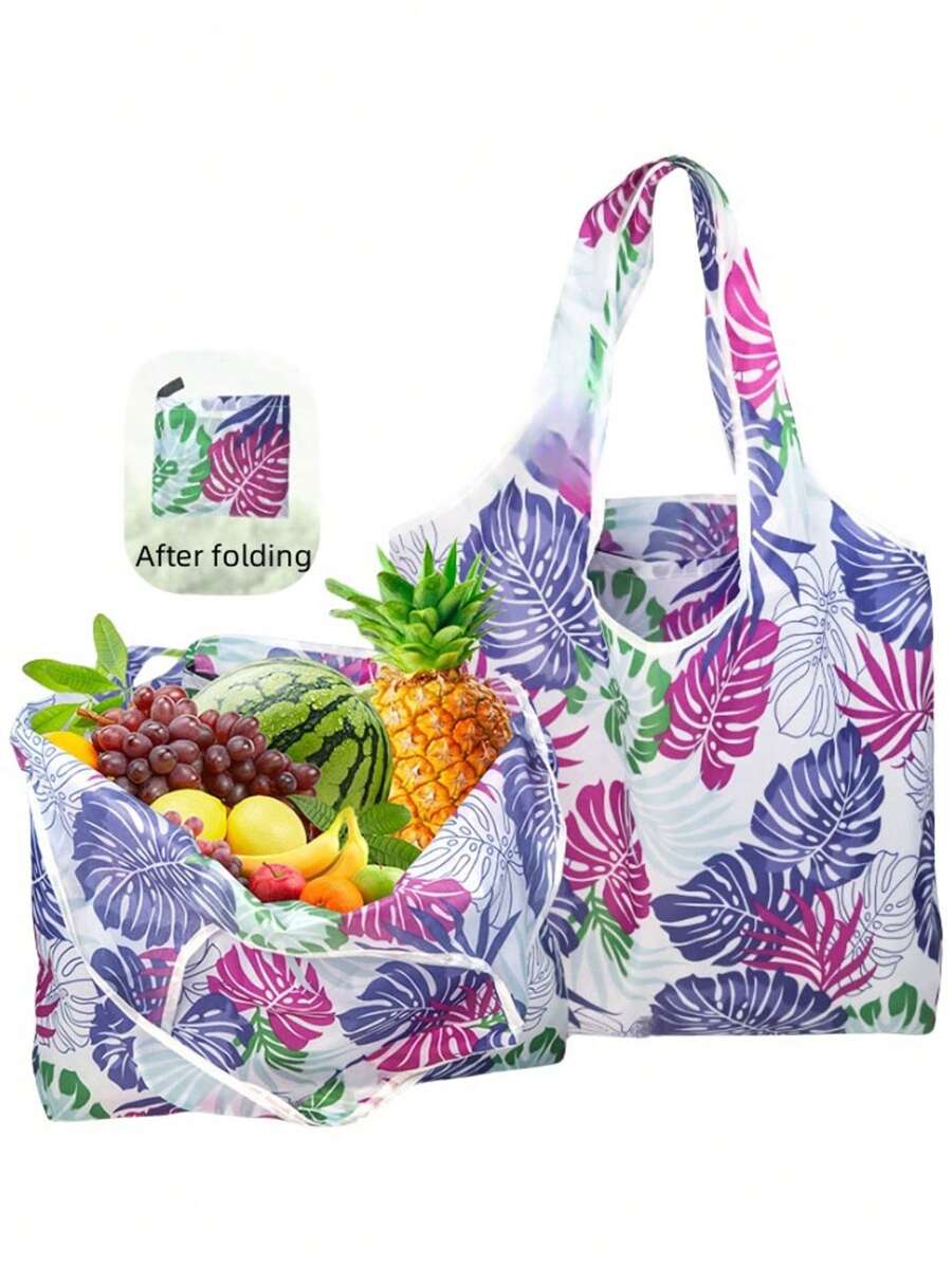 1 bucă geantă de cumpărături impermeabilă, de capacitate mare, design reutilizabil cu model floral și animal, geantă de mână pliabilă, ușoară, portabilă cu formă dreptunghiulară, potrivită pentru alimente, depozitare, călătorii