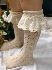 1 Pair Girls Breathable Mesh Mid-Calf Socks With Lace Trim, Lightweight Spring - Khaki - View 4