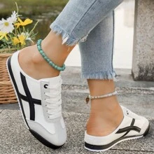 Zapatillas de moda para mujer, elegantes tenis de corte bajo con cordones, punta redonda, casual, con diseño de rayas, suela antideslizante de PVC, forro de malla, parte superior de PU, cómodos para todo el año