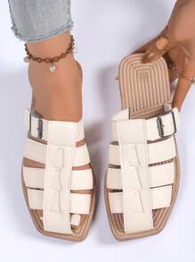 Women's Woven Crisscross Decorated Straw Bottom Sandals, Vacation Style Summer Beige Leather Flat Sandals