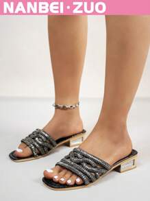 NANBEI ZUO NANBEI.ZUO Plus Size Women's Black Square Toe Hollow-Out Sparkling Rhinestone Decor Mid-High Heel Sandals, Fashion Minimalist Stylish High Quality Versatile Street Chic European And American Style Slip-On Comfortable Breathable Sandals For Commuting, Indoor, Outdoor, Party, Date, Holiday