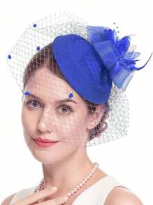 1pc Flower Feather Hair Accessory, Vintage Bridal Headpiece With Face Covering Net For Women's Party Gathering, Elegant Decoration Hat - Multicolor - View 3