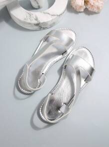 Spring New Fashion Ladies Flat Sandals, Casual Breathable Comfortable Solid Color Round Toe Open Toe Beach Shoes - Silver - View 6