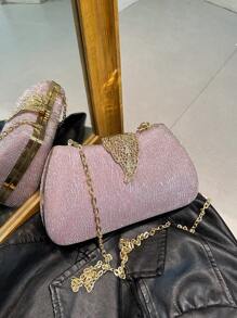 闪光手拿包，优质链条肩带和斜挎晚宴包，适合派对礼服，叶形锁金属细节，高端正式手提包，适合日常使用 - 紫色 - 查看 2