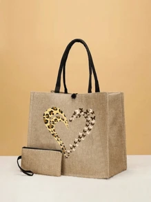 Juego de 2 piezas Bolso de Tela y Monedero con Estampado de Leopardo, Mariposa y Corazón - Bolsas de Compra Ligeras