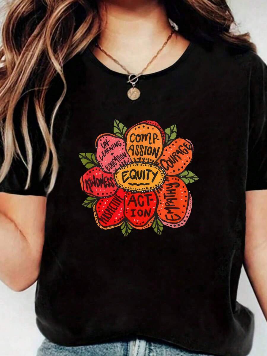 Equality Inclusion Diversity Equity Love Never Fai, Short Sleeve Crew Neck Shirt,Cotton Top For Women - Black - View 1