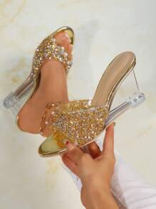 Luxurious Crystal Transparent Heel Sandals, Party Essential High Heels, Sparkly Crystal Design Shines In Summer, Pairs Perfectly With Dresses For Photo Shoots, Elegant Wedge Heeled Sandals For Formal Events