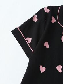 Women's Heart Print Bubble Crinkle Short Sleeve Shorts Pajama Set