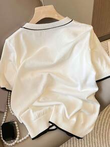 New Knit Versatile Short Sleeve Top, Casual Minimalist Loose Fit Round Neck Embroidered Lightweight