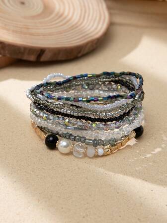 Set de 10 piezas de pulseras con cuentas de estilo bohemio para mujeres, pulseras apilables con cuentas de cristal de colores, accesorios para uso diario y vacaciones