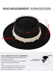 1pc Elegant Bohemian Solid Beaded & Pearl Decor UV Protection Round Top Straw Sun Hat, Fashion & Versatile For All Seasons - Straw Hat - View 2