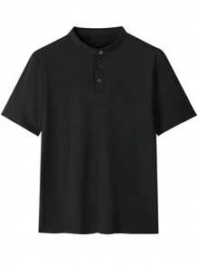 Men's Casual Solid Color Henley Neck Short Sleeve T-Shirt, Summer - Black - View 3