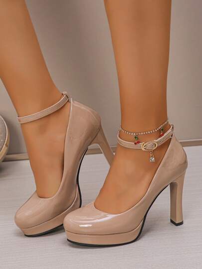 全新高跟防水台低帮通勤浅口鞋圆头舒适粗跟带扣大码女式高跟鞋