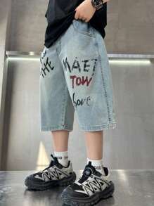 Tween Boy Casual Loose Letter Print Denim Shorts, Summer - Blue - View 2