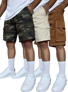 3Pcs/Pack Men's Utility Style Cargo Shorts, Breathable Casual Loose Fit Multi-Pocket Bermuda Shorts, Summer - Army Green - View 9