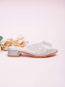 1 Pair New Summer Fashion Crystal Heel Little Girl High Heel Sandals, Girls Party Outdoor Performance Shoes, Party Princess High Heel Slippers Suitable For Wedding, Party - Silver - View 5