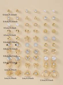 Set de 30 piezas de pendientes de tuerca con forma de corazón geométrica minimalista de metal con brillantes de rhinestones, mariposas y perlas falsas - conjunto de joyas de regalo para fiestas, traje de joyas multiusos para uso diario para mujer