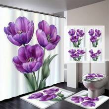 Juego de 1/4 cortinas de ducha para el Día de la Madre, con flores brillantes, para el Día del Presidente, lluvia de primavera, impermeables, estampados con estilo y funcionales, para decoración del hogar, para cada baño, ducha y bañera, con 12 ganchos y tapete de baño lavable a máquina, multiestilo