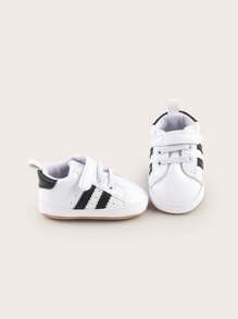 1 par de zapatos versátiles y transpirables con diseño de gancho y bucle a rayas para bebés y niños pequeños unisex, aptos para niños y niñas de 0 a 1 año, adecuados para primavera, otoño, verano e invierno