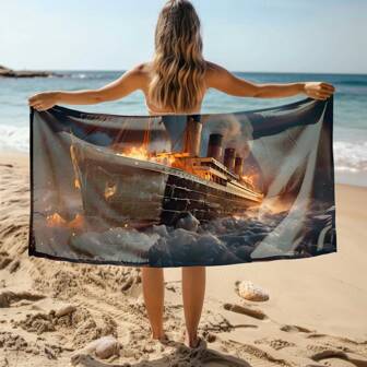 1pc Boat Printed Beach Towel, Suitable For Adults & Kids, Outdoor Essential For Seaside Travel, UV Protection & Sand Proof
