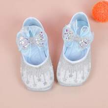 1双女童真皮鞋，镶有水钻、亮片、蝴蝶结，蓝色公主鞋，水晶鞋，2026新款儿童软底婴儿小皮鞋，大童女童鞋，适合春秋季穿着 - 藍色 - 查看 3