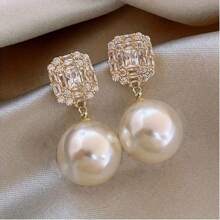 1 par de aretes elegantes de perla falsa con metal y rhinestones, adecuados para uso diario, fiestas y bodas de mujeres