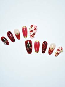 10 件/套杏仁形全覆盖指甲贴，勃艮第豹纹唇印复制樱桃设计按压式指甲美甲用品指甲 - 玫瑰紅 - 查看 6