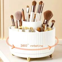 1 pièce Boîte de rangement pour maquillage rotative à 360 degrés - 1 boîte de rangement pour cosmétiques en plastique avec 5 compartiments - Boîte de rangement multifonction pour pinceaux, rouge à lèvres, soins de la peau et articles de papeterie - Organisateur de bureau de luxe rayé sans odeur Décor de salle de bain d'été Organisateur de maquillage Retour à l'école