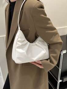 Stylish Shoulder Bag, New Solid Color Pleated Fresh Handbag With Quality Underarm Design, Suitable For Spring & Autumn , Beach Bag , Office, Cream Bag - White - View 3