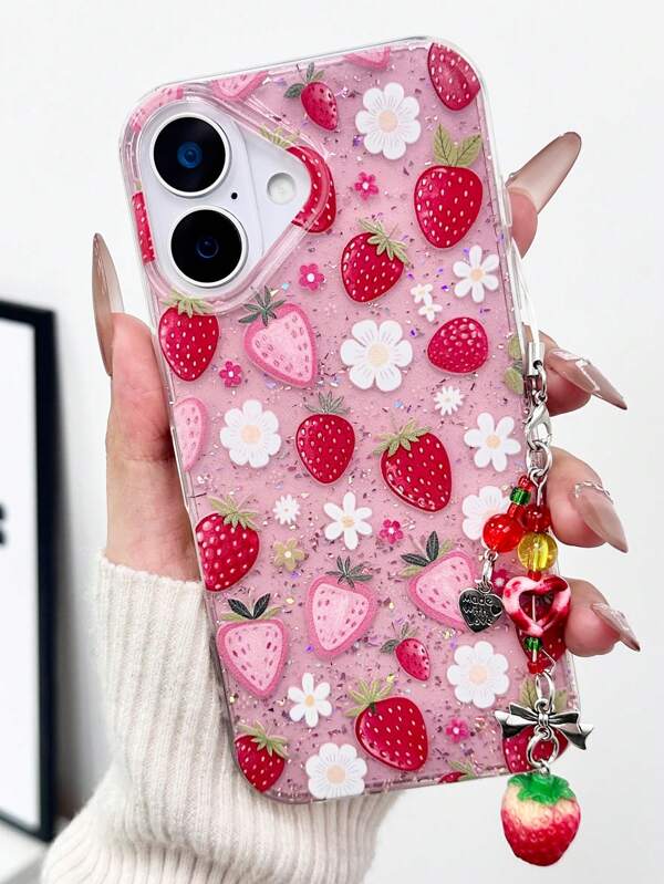 Floral Strawberry Red Epoxy Glitter Transparent Phone Case With Strawberry Charm,Shockproof,High-End Suitable For IPhone16/IPhone15/XR/IPhone16PROMAX/7p8p/P12promax/P13promax/P14PROMAX/P13/P14/P11/P12/P14/XS/S/XSMAX/78GES2, Cute And Fashionable, Thickened Protective Cover