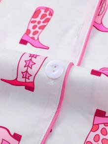 Marira 2pcs Women Boot Print Pajama Set, Short Sleeve Button-Up Shirt Collar Top And Elastic Waist Shorts, Casual Loungewear Sleepwear For Holiday Party, Home & Outdoor Use All Season - White - View 7