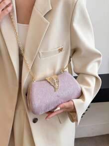 闪光手拿包，优质链条肩带和斜挎晚宴包，适合派对礼服，叶形锁金属细节，高端正式手提包，适合日常使用 - 紫色 - 查看 6