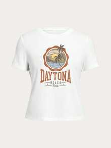 Women's Summer Palm Tree & Letter Print Crew Neck Short Sleeve Casual T-Shirt, Summer Beach Vacation, For Summer Graphic Tee Women - White - View 6