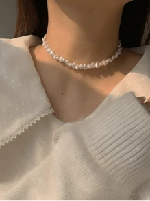 1 件仿巴洛克淡水珍珠项链，极简主义时尚颈链项链设计师风格 - 彩色 - 查看 3